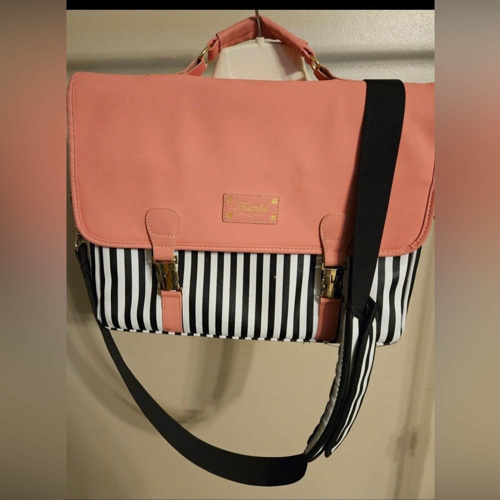 Laptop Satchel Bag for Women - Pink Striped Accent
